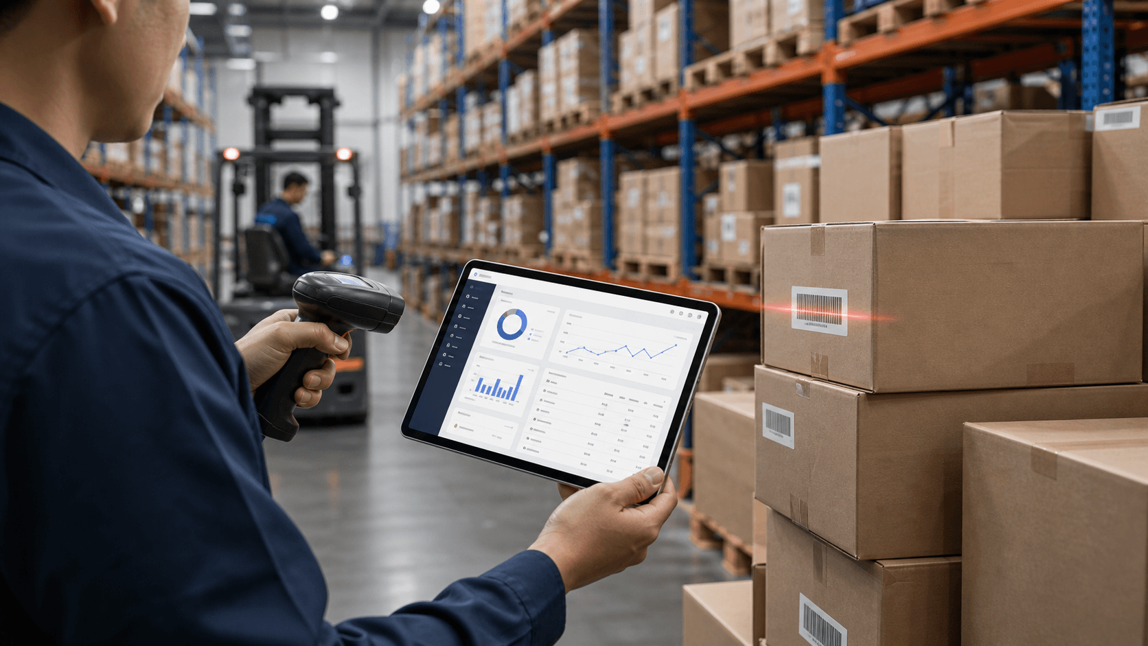Petugas gudang memindai barcode stok untuk sistem inventory custom