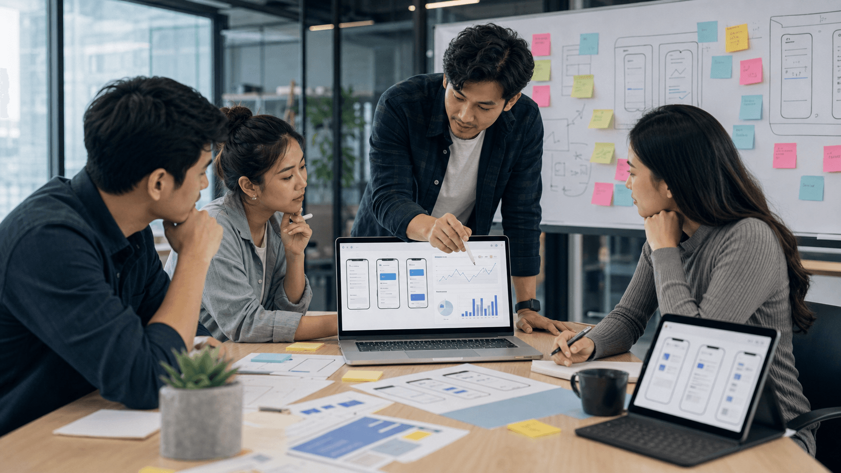 Tim bisnis dan developer membahas rancangan produk digital untuk validasi startup dan UMKM